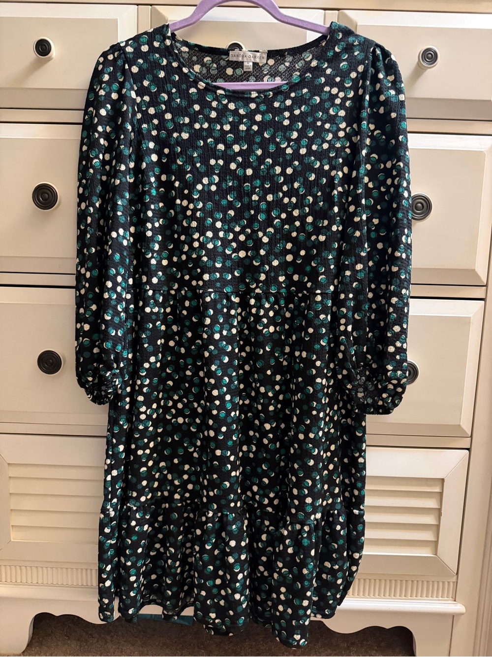 Sandra Darren Black & Teal Polka Dot Tiered Dress Size Medium